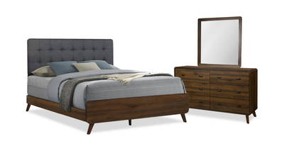 Cami 5pc Bedroom Set with Bed, Dresser & Mirror, Mid-Century Modern, Brown - Queen | Ensemble de chambre à coucher de style moderne du milieu du 20e siècle Cami 5 pièces avec lit, commode et miroir, brun - grand lit