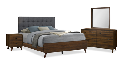 Cami 6pc Bedroom Set with Bed, Dresser, Mirror & Nightstand, Mid-Century Modern, Brown - Queen | Ensemble de chambre à coucher de style moderne du milieu du 20e siècle Cami 6 pièces avec lit, commode, miroir et table de nuit, brun - grand lit