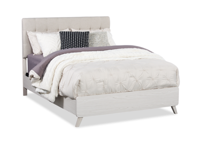Cami Panel Bed with Fabric Headboard & Frame, Grey Oak - Queen Size | Lit à panneaux Cami en chêne gris avec tête de lit en tissu et cadre de lit - format grand lit