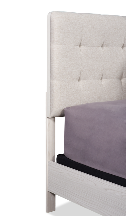 Lit à panneaux Cami en chêne gris avec tête de lit en tissu et cadre de lit - format grand lit