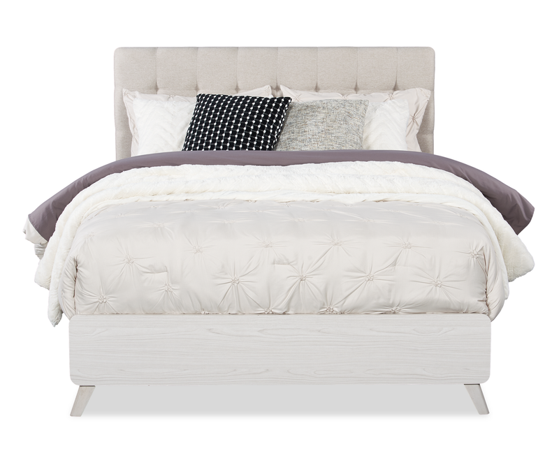 Lit à panneaux Cami en chêne gris avec tête de lit en tissu et cadre de lit - format grand lit