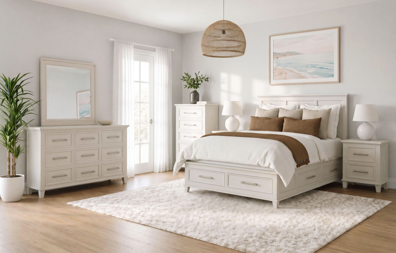 Ensemble de chambre à coucher Celine 5 pièces avec lit de rangement, commode et miroir, ivoire - format grand lit