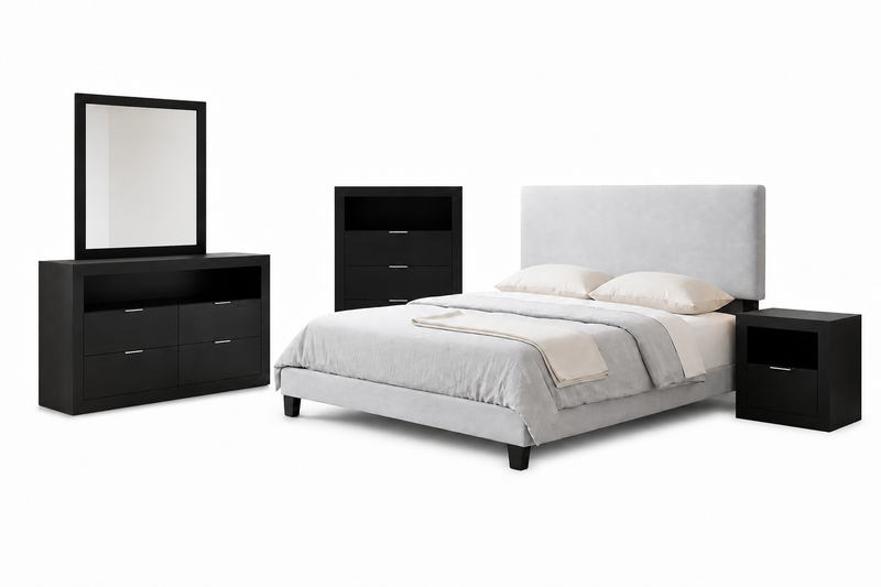 Lit rembourré Delta en tissu de polyester gris - format grand lit