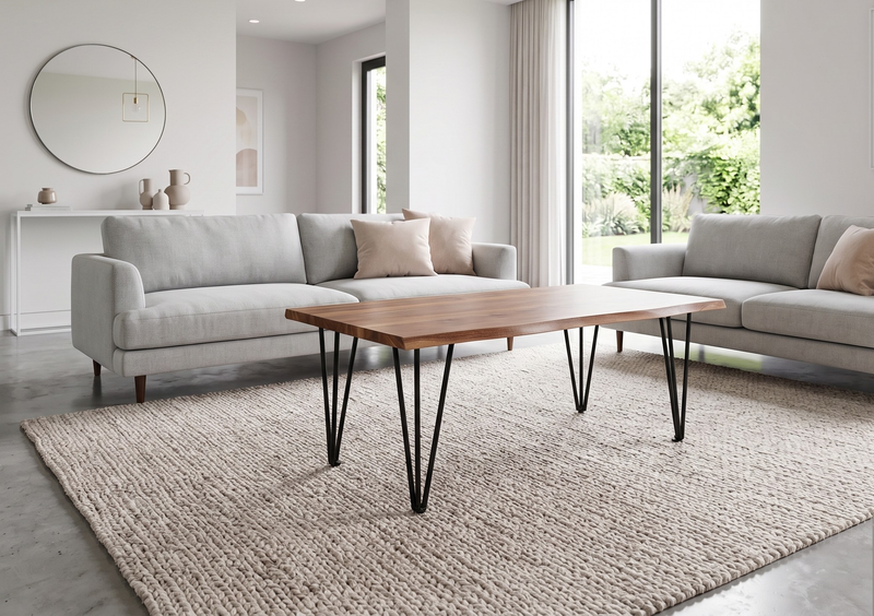 Table à café industrielle Dillon de 45 po avec pattes de style épingle en fer - acacia naturel