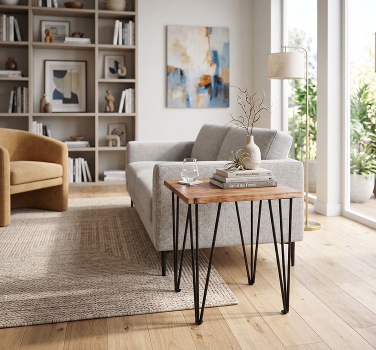 Table de bout industrielle Dillon de 22 po avec pattes de style épingle en fer - acacia naturel