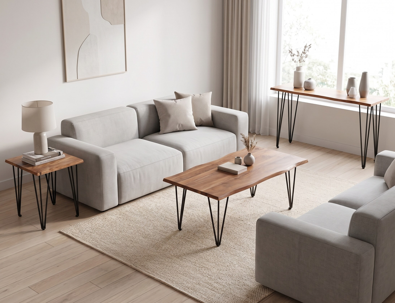 Table de salon industrielle Dillon de 45 po avec pattes de style épingle en fer - acacia naturel
