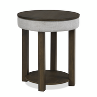 Table de bout ronde rustique Elroy de 21 po avec dessus relevable et tablette - brune et grise avec bordure en tissu