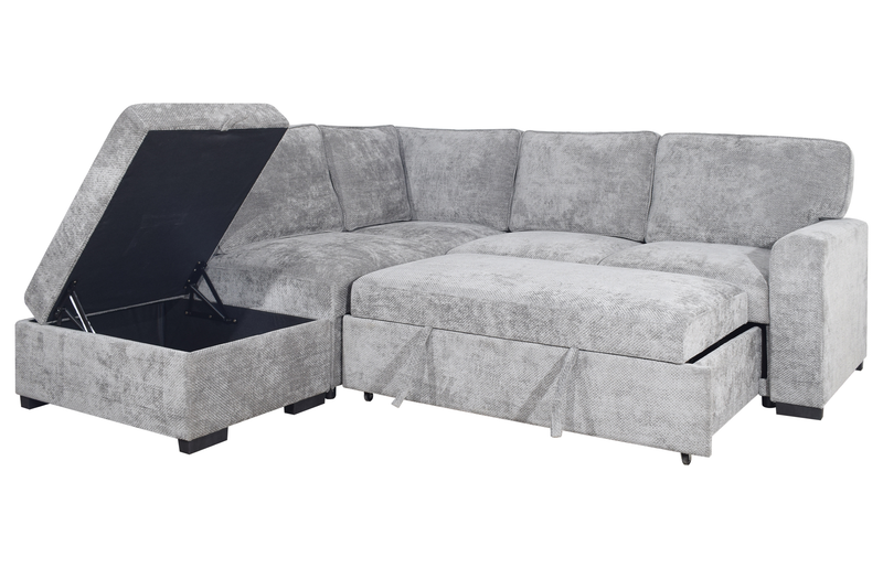 Sofa-lit sectionnel de gauche Emerie 3 pièces en chenille avec pouf de rangement - gris