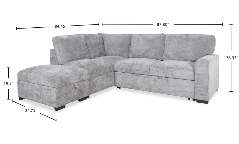 Sofa-lit sectionnel de gauche Emerie 3 pièces en chenille avec pouf de rangement - gris