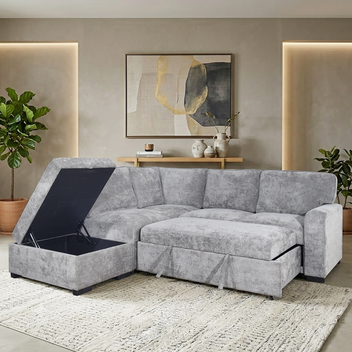 Sofa-lit sectionnel de gauche Emerie 3 pièces en chenille avec pouf de rangement - gris