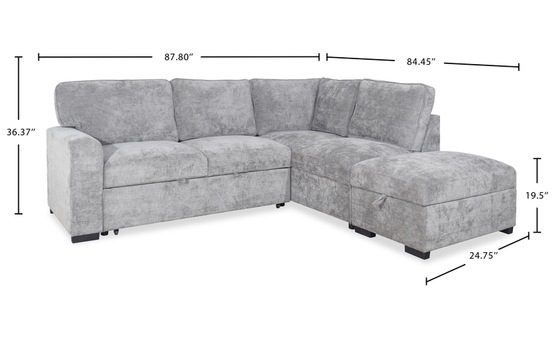 Sofa-lit sectionnel de droite Emerie 3 pièces en chenille avec pouf de rangement - gris