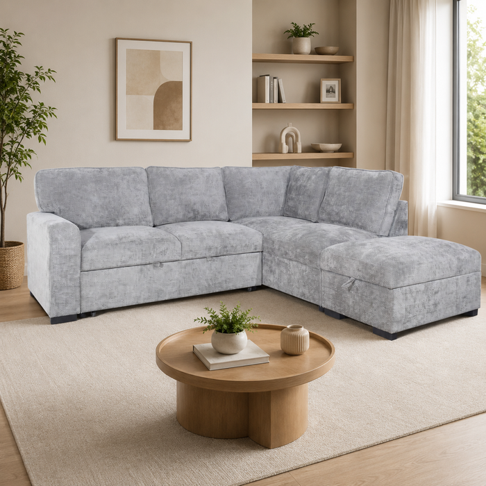 Sofa-lit sectionnel de droite Emerie 3 pièces en chenille avec pouf de rangement - gris