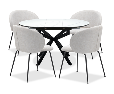 Evita 5pc Dining Set, Table & 4 Beige Chairs, Sintered Stone, 41-54"W Extension - Grey/Black | Ensemble de salle à manger Evita 5 pièces en pierre frittée avec table ronde de 41 po à 54 po (L) avec rallonge et 4 chaises beige - gris et noir