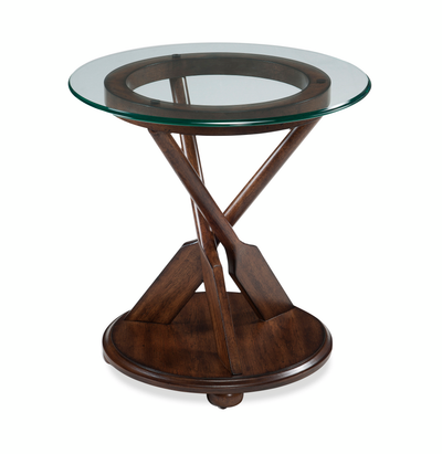 Hatfield 20” Eclectic End Table with Glass Top & Carved Oars in Wood Base – Dark Oak | Table de bout éclectique Hatfield de 20 po avec dessus en verre et pagaies sculptées dans la base en bois - chêne foncé