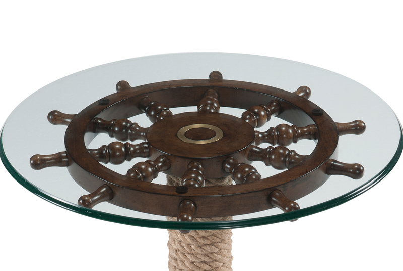 Table d’appoint éclectique Hatfield de 26 po avec dessus en verre et base en bois avec dessus de style gouvernail - chêne foncé