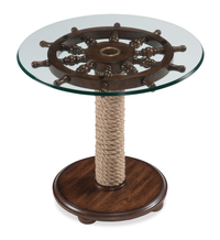Table d’appoint éclectique Hatfield de 26 po avec dessus en verre et base en bois avec dessus de style gouvernail - chêne foncé