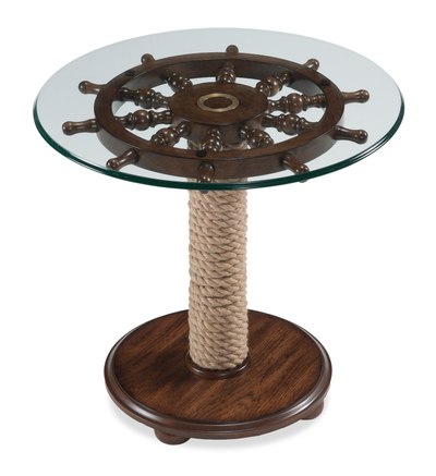 Hatfield 26" Eclectic Accent Table with Glass Top & Wood Base with Wheel Top – Dark Oak | Table d’appoint éclectique Hatfield de 26 po avec dessus en verre et base en bois avec dessus de style gouvernail - chêne foncé