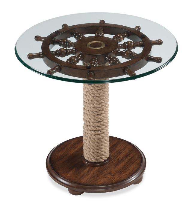 Table d’appoint éclectique Hatfield de 26 po avec dessus en verre et base en bois avec dessus de style gouvernail - chêne foncé