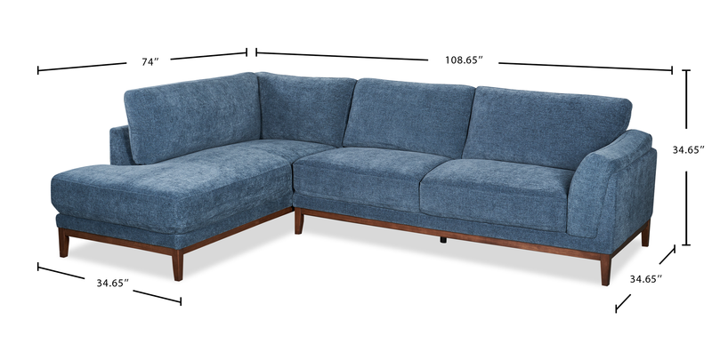 Sofa sectionnel de gauche Horizon 2 pièces en tissu avec base et pattes en bois - bleu marine