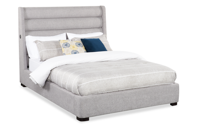 Jade Upholstered Platform Bed with USB Ports in Grey Fabric - Queen Size | Base de lit plateforme rembourrée Jade en tissu gris avec ports USB - format grand lit