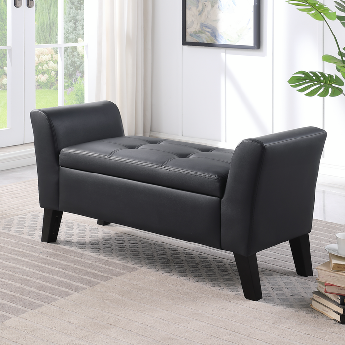 Banc contemporain Kohen de 46,75 po en tissu d’apparence cuir avec rangement - noir