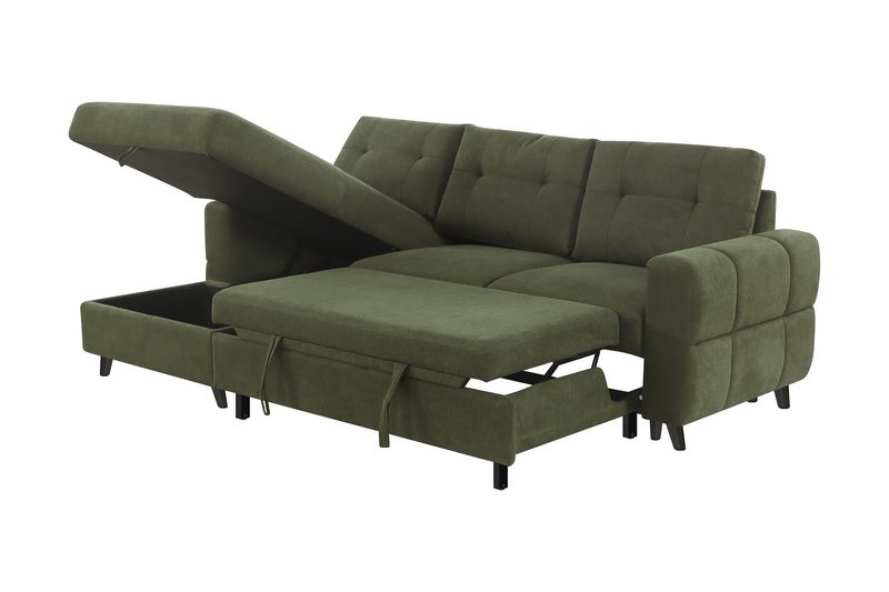 Sofa-lit sectionnel de gauche Laval 2 pièces en tissu avec fauteuil long de rangement - vert