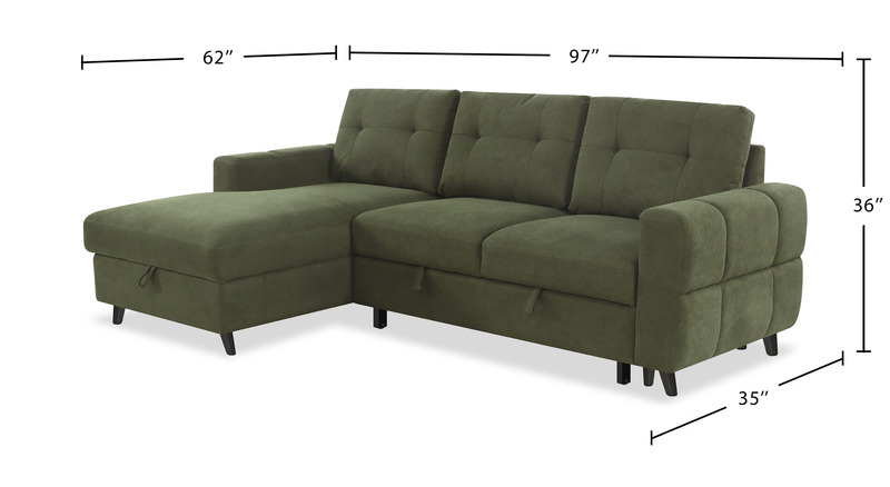 Sofa-lit sectionnel de gauche Laval 2 pièces en tissu avec fauteuil long de rangement - vert
