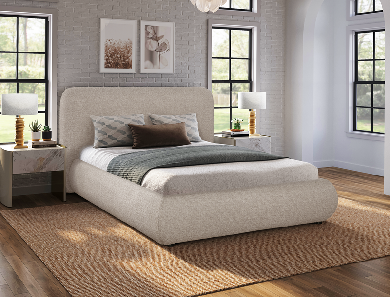 Lit plateforme rembourré Luka en tissu de polyester gris, moderne – format lit double