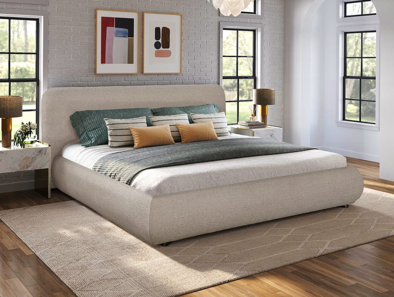 Lit plateforme rembourré Luka en tissu de polyester gris, moderne – format très grand lit