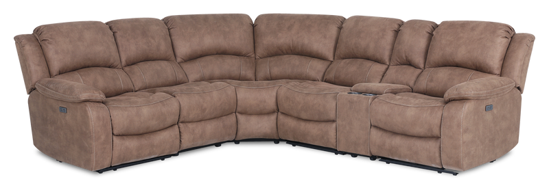 Sofa sectionnel à inclinaison électrique Marcel 6 pièces en tissu d’apparence cuir avec console de rangement et port USB - brun chaud