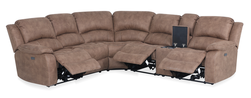 Sofa sectionnel à inclinaison électrique Marcel 6 pièces en tissu d’apparence cuir avec console de rangement et port USB - brun chaud