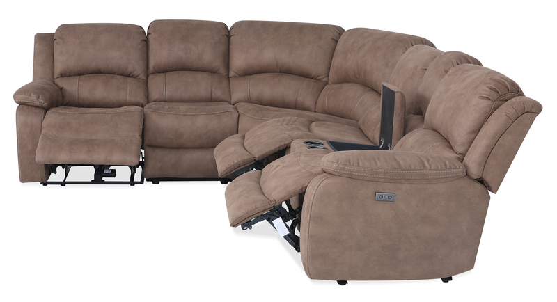 Sofa sectionnel à inclinaison électrique Marcel 6 pièces en tissu d’apparence cuir avec console de rangement et port USB - brun chaud