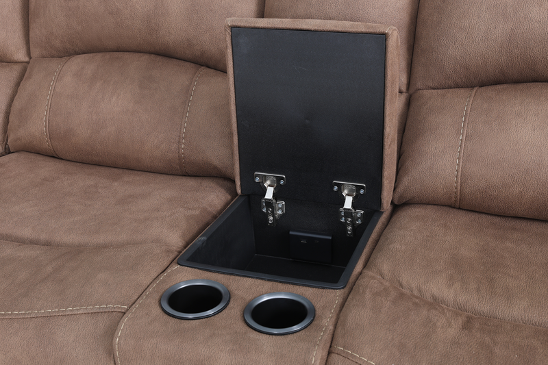 Sofa sectionnel à inclinaison électrique Marcel 6 pièces en tissu d’apparence cuir avec console de rangement et port USB - brun chaud