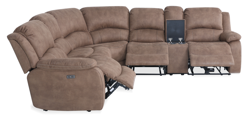 Sofa sectionnel à inclinaison électrique Marcel 6 pièces en tissu d’apparence cuir avec console de rangement et port USB - brun chaud