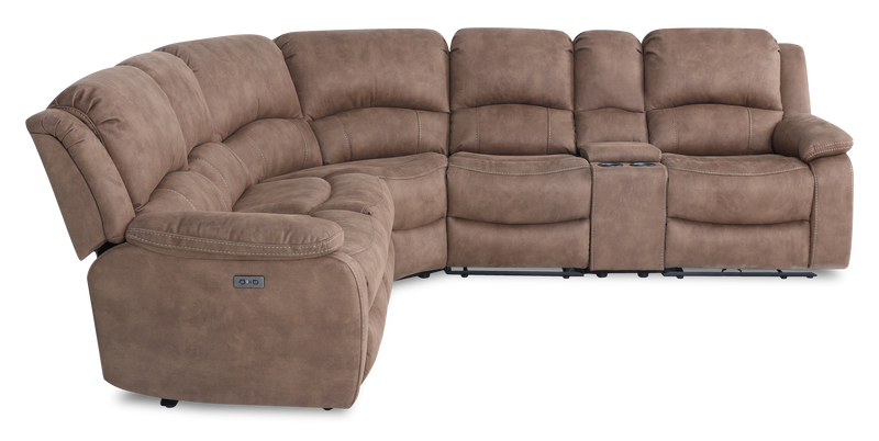 Sofa sectionnel à inclinaison électrique Marcel 6 pièces en tissu d’apparence cuir avec console de rangement et port USB - brun chaud
