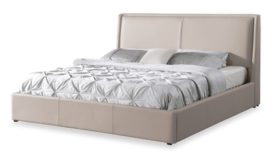 Nico Upholstered Storage Platform Bed in Vegan Leather Taupe Fabric, Hyrdraulic Lift  - King Size | Lit plateforme rembourré Nico en tissu de cuir végétalien taupe avec rangement et levage hydraulique - format très grand lit