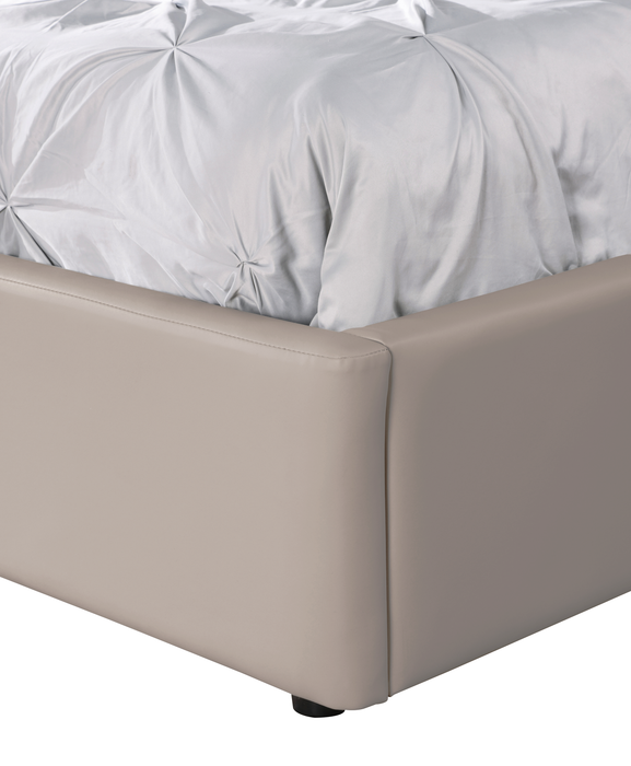 Lit plateforme rembourré Nico en tissu de cuir végétalien taupe avec rangement et levage hydraulique - format très grand lit