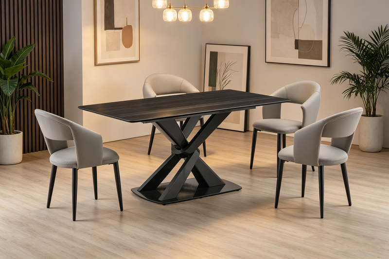 Table de salle à manger Orion avec dessus en pierre artificielle et base en métal - 63 po (L) - noire