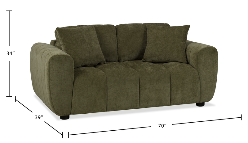 Causeuse Pebble de 70 po fabriquée au Canada en tissu avec coussins décoratifs assortis - verte