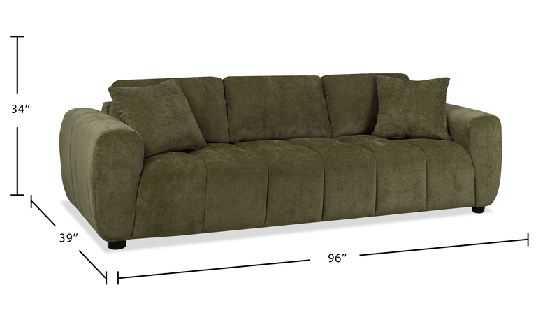 Sofa Pebble de 96 po fabriqué au Canada en tissu avec coussins décoratifs assortis - vert