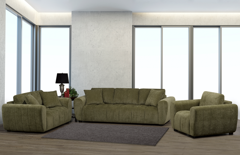 Sofa Pebble de 96 po fabriqué au Canada en tissu avec coussins décoratifs assortis - vert