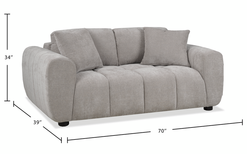Causeuse Pebble de 70 po fabriquée au Canada en tissu avec coussins décoratifs assortis - grise