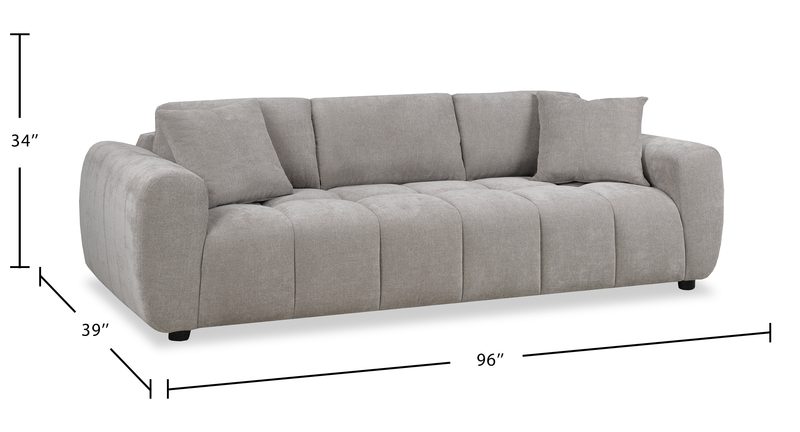 Sofa Pebble de 96 po fabriqué au Canada en tissu avec coussins décoratifs assortis - gris