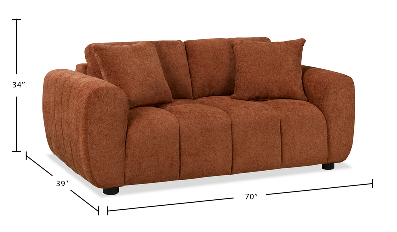 Causeuse Pebble de 70 po fabriquée au Canada en tissu avec coussins décoratifs assortis - orange