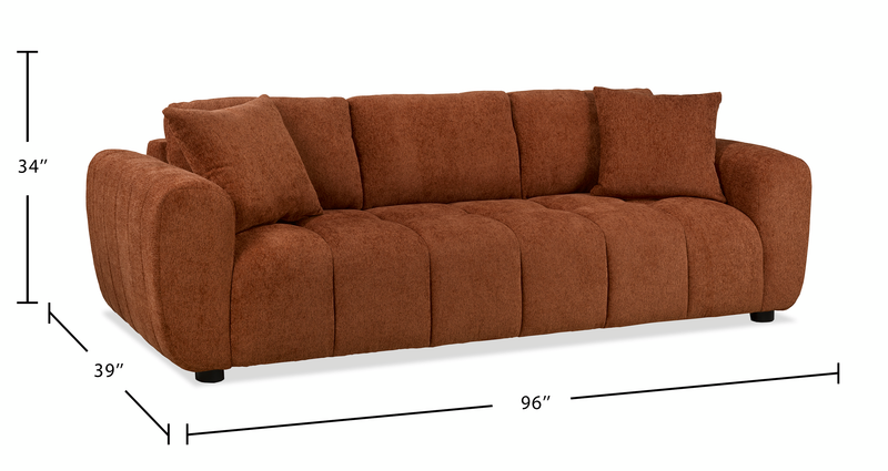Sofa Pebble de 96 po fabriqué au Canada en tissu avec coussins décoratifs assortis - orange