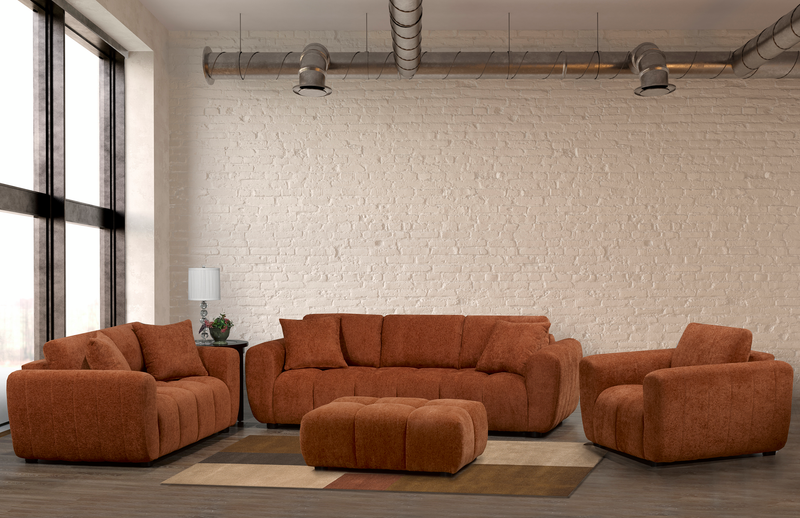 Sofa Pebble de 96 po fabriqué au Canada en tissu avec coussins décoratifs assortis - orange