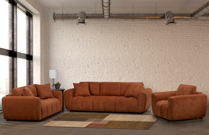 Causeuse Pebble de 70 po fabriquée au Canada en tissu avec coussins décoratifs assortis - orange