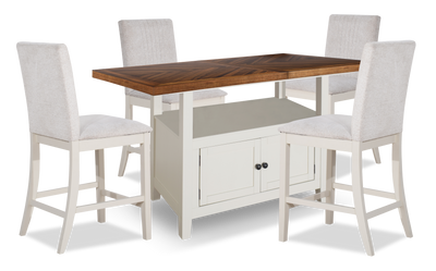 Piper 5pc Counter-Height Dining Set with Table & 4 Chairs, 60-72" Extension, Storage – White | Ensemble de salle à manger Piper 5 pièces de hauteur comptoir avec table de 60 po à 72 po (L) avec rallonge, 4 chaises et rangement - blanc
