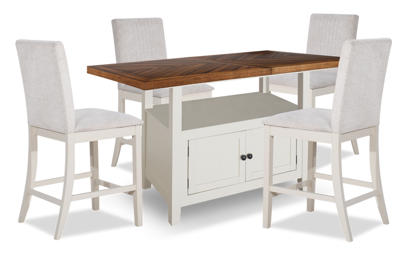 Ensemble de salle à manger Piper 5 pièces de hauteur comptoir avec table de 60 po à 72 po (L) avec rallonge, 4 chaises et rangement - blanc