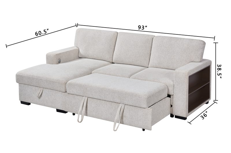 Sofa-lit sectionnel de gauche Pocket 2 pièces en tissu d’apparence lin avec rangement - beige